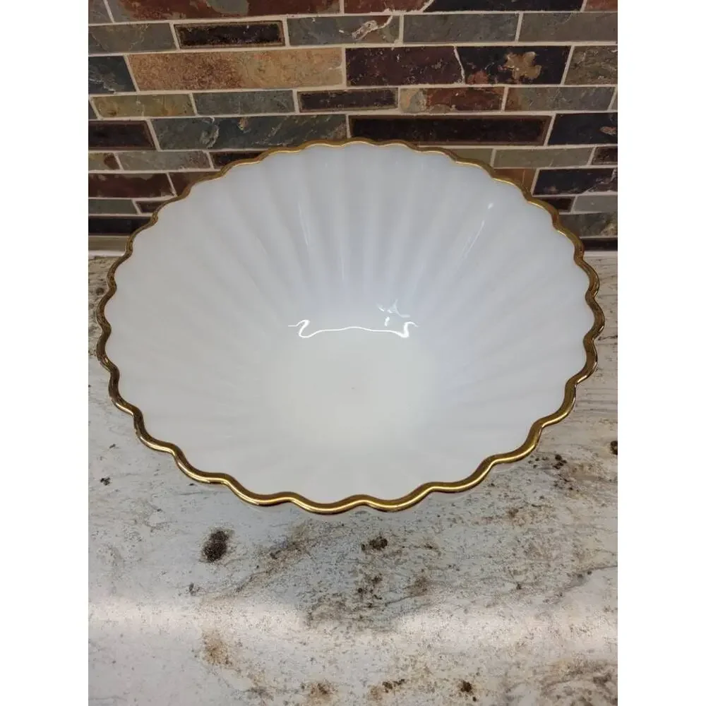 Vintage Anchor Hocking Fire King Milk Glass Scalloped Serving Bowl Gold Trim 11